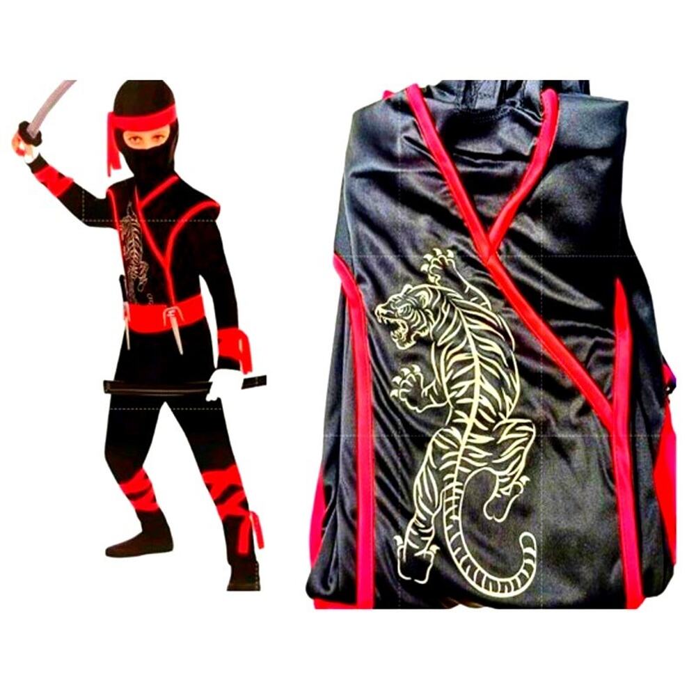 Martial Arts Ninja Asian Tiger Warrior Costume Child Sz M 8-10 BLACK Halloween